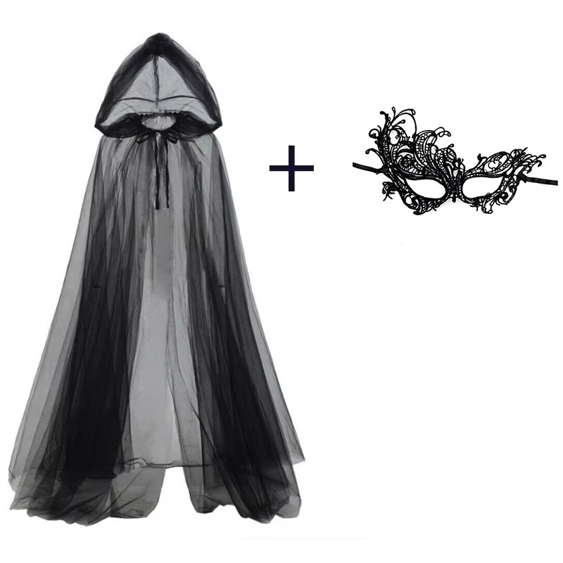Black Face Mask Pack - 2Pcs Black Hooded Tulle Cape +